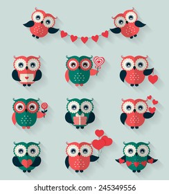 Happy Valentine's Day! Set of retro flat owls for love, wedding or romantic design. Vector icons isolated on blue background.