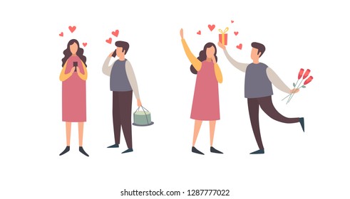 Happy Valentines Day. A set of romantic characters in various poses. Happy couple in love making phone calls. A young man gives a gift and flowers to his girlfriend. Vector flat illustration.