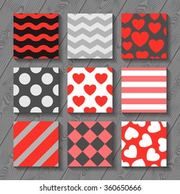 Happy valentines day set of seamless patterns on wood board. 