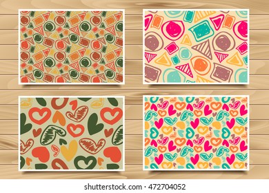 Happy valentines day set of seamless patterns on wood board. Vector illustration