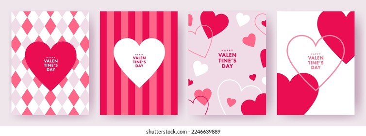 Happy Valentine's Day set of simple cards, banners or backgrounds with heart frame and pattern in modern flat style for decor, greetings, packaging, print, web, promo, sale