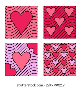 Feliz Día de San Valentín conjunto de tarjetas simples, banners o fondos con marcos cardíacos y patrones en estilo moderno plano para decoración, saludos, empaque, impresión, web, promoción, ventas