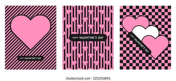 Feliz Día de San Valentín conjunto de cartas simples. Banner o fondo con marco cardíaco y patrón en el estilo de arte pop plano para decoración, saludos, impresión, empaque, venta, promoción, web. EPS vectorial 10