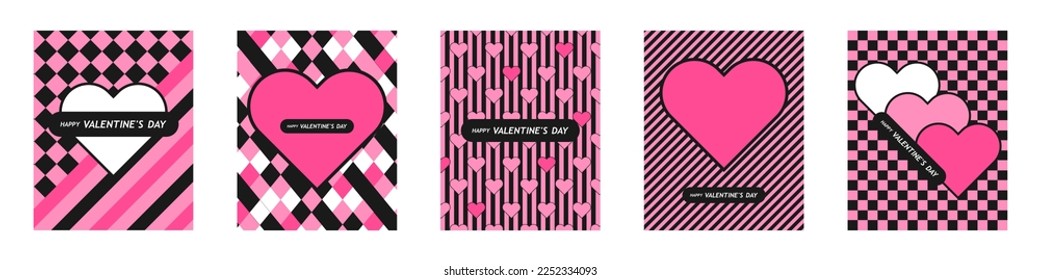 Alles Gute zum Valentinstag mit einfachen Karten. Banner oder Hintergrund mit Herzrahmen und Muster in Pop-Art flach für Dekoration, Grüße, Druck, Verpackung, Verkauf, Promo, Web. Vektor EPS10