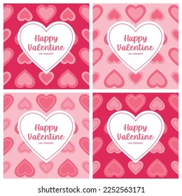 Happy Valentine's Day set of simple cards, banners or backgrounds with heart frame and pattern in modern flat style for decor, greetings, packaging, print, web, promo, sale, pattern