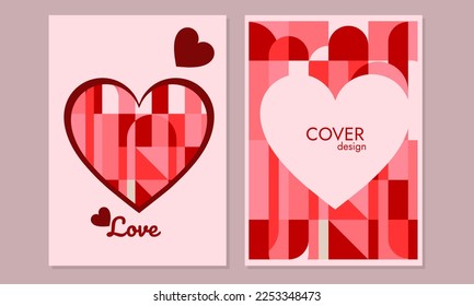Happy Valentine's Day set of simple cards, cover or backgrounds with heart frame and pattern in abstract geometric style for, greetings, packaging, decor, print, web, sale 