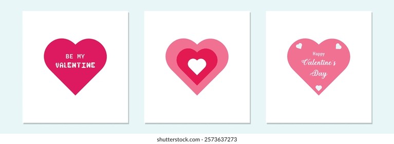 Happy Valentine's Day set of simple cards, banners or backgrounds with hearts in modern flat style for greetings, packaging, print, web,sociel media.Vector design	