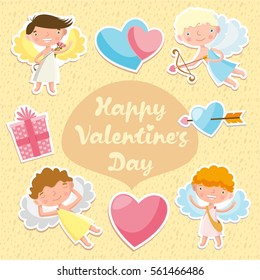 Happy valentine's day. Set of stickers. Cupids. Congratulation. Cute little angels.