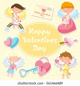 Happy valentine's day. Set of stickers. Cupids. Congratulation. Cute little angels.