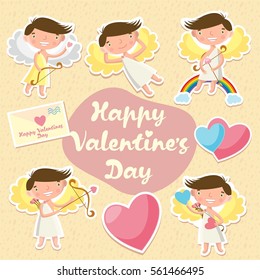 Happy valentine's day. Set of stickers. Cupids. Congratulation. Cute little angels.