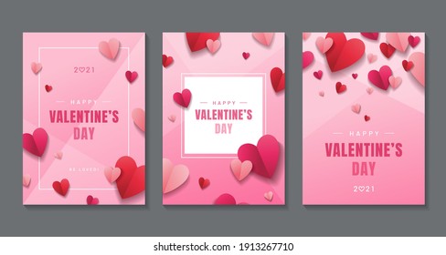 Happy Valentine's Day. Set of stylish posters with red and pink paper hearts on pink background. Design for print or web. - Vector illustration