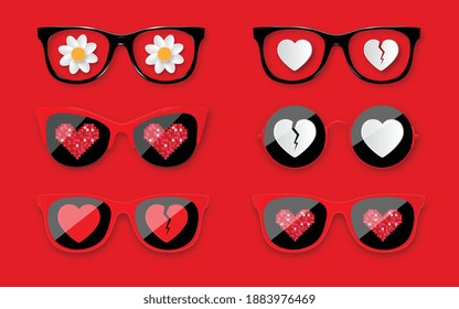 Happy Valentines Day. Set sunglasses with hearts. Fashionable glasses for Valentine's Day holiday design. Vector illustration.