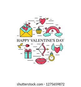 Happy Valentine's Day. Set of valentine's day symbols enclosed in a circle shape. Valentines day icons. Symbols of love - heart, arrow, valentine, gift, lips, rose, ring, message, rainbow, cake.