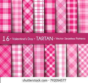 Happy Valentine's Day! Set Tartan of Love and Romantic Backgrounds. Collection of Seamless Patterns Plaid with Pink and White Colors. Female  Flannel Shirt Patterns. Trendy Tiles  Vector Illustration