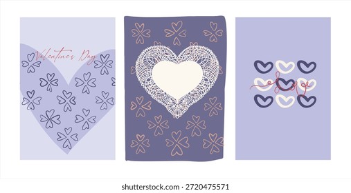 Alles Gute zum Valentinstag! Ein Satz von drei vollständig bearbeitbaren Poster-Karten in einem einfachen flachen Stil. Digitale Illustration in Pastelltönen (Hintergrund, Text, Herzen)
