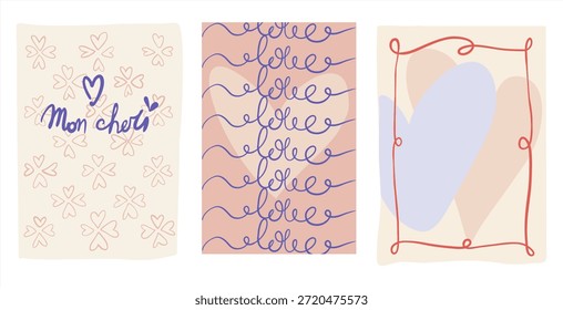¡Feliz día de San Valentín! Un conjunto de tres posters totalmente editables en un estilo plano simple. Ilustración digital en tonos pastel (fondo, texto, corazones)