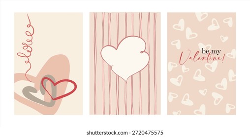 Happy Valentine's Day! A set of three fully editable poster-cards in a simple flat style. Digital illustration in pastel tones (background, text, hearts)