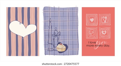 Happy Valentine's Day! A set of three fully editable poster-cards in a simple flat style. Digital illustration in pastel tones (background, text, hearts)