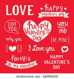 Happy valentines day. Set of typography elements, lettering, calligraphy on red background. Vector Illustration.