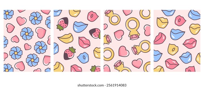 Happy Valentine's Day. Set of Valentine backgrounds. Retro valentine cards in 60s 70s cartoon style. Cartoon outline flowers, hearts, ring with diamond, kissing lips, strawberry in chocolate. Vector 