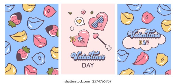 Happy Valentine's Day. Set of Valentine backgrounds. Cartoon comic hearts, Kissing lips, strawberry in chocolate, cupid arrow. Retro valentine cards in 60s 70s cartoon style. Vector