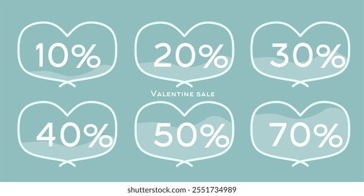 Happy Valentine's Day! A set of various discount percentages in the shape of hearts, ranging from low to high discount levels