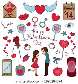 Happy Valentines Day. Set of vector illustrations. Isolated background. Romantic collection. Cartoon style. Ideas for web design, sticker, invitation, postcard. Lovers, winged heart, love, strawberry.