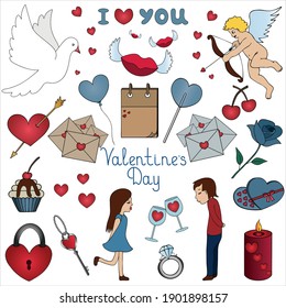 Happy Valentines Day. Set of vector illustrations. Isolated white background. Romantic collection. Angel, dove, heart, love, couple, lips, letters in an envelope, notebook, lettering. Cartoon style. 