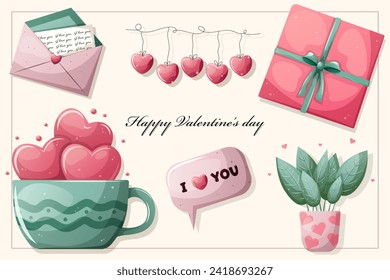 Happy Valentine's day. Set of vector illustrations with texture and gradient. Festive design. Hearts, letters, letter, flowers, cup.
