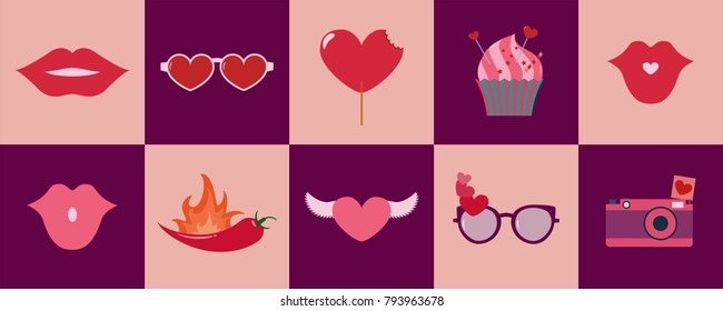 Happy Valentines day set of vector icons or background. Design elements, cliparts for Valentines greetings with red hearts, sweets, lips