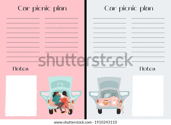 Happy Valentine\'s Day. Set of vector car picnic\
plan lists with lines and place for notes. Nice vector flat\
illustrations with lovers for Valentine\'s Day in cartoon style. A\
loving couple, picnic.