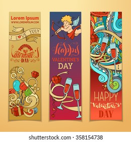 Happy Valentine's Day! Set of vertical love banners. Cupid, hearts, gift, balloons, ribbon, ring, hand-written lettering. Vector colourful web templates.