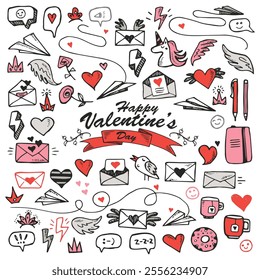 Happy Valentine's Day. Set of vintage decorative hand drawn vector doodle icons. Paper airplane, letter, valentine, heart, bird, notepad, pen, smile, crown, lightning, wing, flowers, unicorn, love