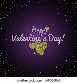 Happy Valentine's day! Shimmering golden hearts on the purple-black background. Stock vector.