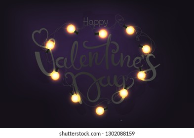 Happy Valentines Day. Shining heart and lettering inscription on dark background