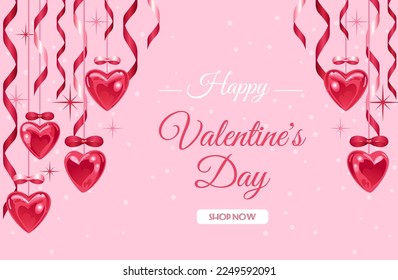 Feliz día de San Valentín. Corazones brillantes, cintas y arcos rosados y rojos, estrellas. te amo. Banner vectorial horizontal brillante en un estilo realista. Para banner publicitario, sitio web, afiche, folleto de venta.