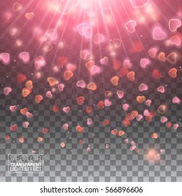 Happy Valentines Day with Shiny Hearts Sparkles Bokeh Effect Confetti De Focused Illuminated Blurred Glittering Elements. Vector Illustration Isolated Layers and Transparent Background.