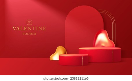 Happy Valentine`s day showcase background with 3d podium, gloden metallic love hearts and arch. Vector illustration