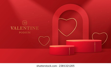 Happy Valentine`s day showcase background with 3d podium, gloden metallic love hearts and arch. Vector illustration