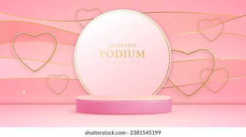 Happy Valentine`s day showcase background with 3d podium and gold love hearts. Vector illustration