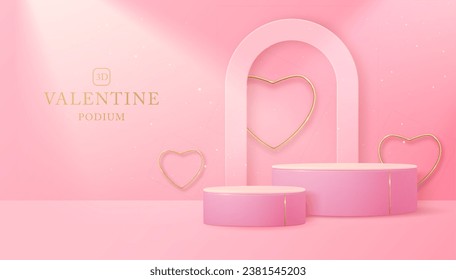 Happy Valentine`s day showcase background with 3d podium, gloden metallic love hearts and arch. Vector illustration