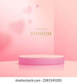 Happy Valentine`s day showcase background with 3d podium and love heart shape shadow. Vector illustration