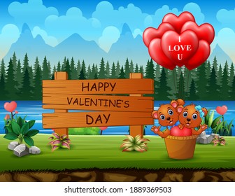 Happy Valentines Day sign with couple bear and heart balloons