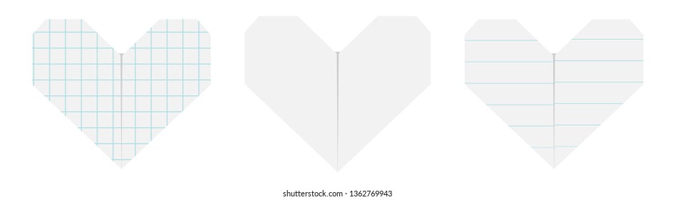 Happy Valentines day sign symbol. Notebook lined squared paper heart icon set. Origami handmade craft fold. Line Cell texture. Cute graphic shape. Flat design. Love card. White background. Vector
