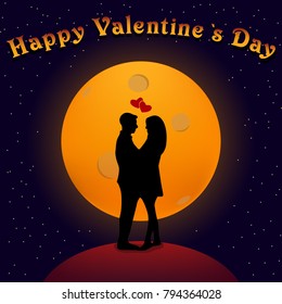 Happy Valentine`s Day. Silhouette of man and woman in love, moon light, stars and sky, vector
