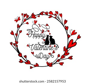 Happy Valentine's Day. Silhouettes of cats with hearts. Hand drawn. Not AI, Vector illustration