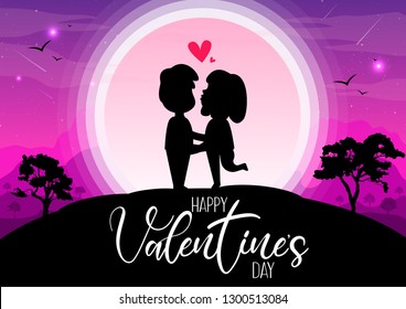 Happy valentine's day, silhouettes man and women sweet under the moonlight. Romantic atmosphere