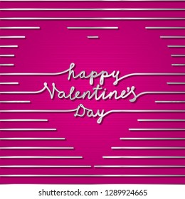 Happy Valentines Day Silver Metallic Style Logo and Blank Heart Shape Created by Repeating Horizontal Lines with Lettering - Chrome Elements on Pink Striped Background - Vector Hand Drawn Design