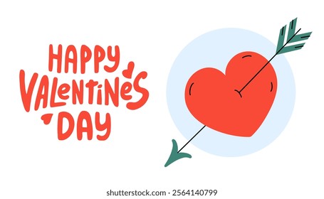 Happy Valentines day simple banner with heart and groovy lettering. An arrow in red heart. Cute flying symbol Cupid. Romantic horizontal Background. Vector flat illustration.