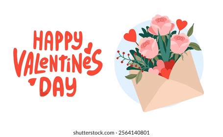 Happy Valentines day simple banner with flowers and plants, hearts in craft envelope. Hand lettering. February 14 celebration of romantic background. Festive congratulations. Vector flat illustration.